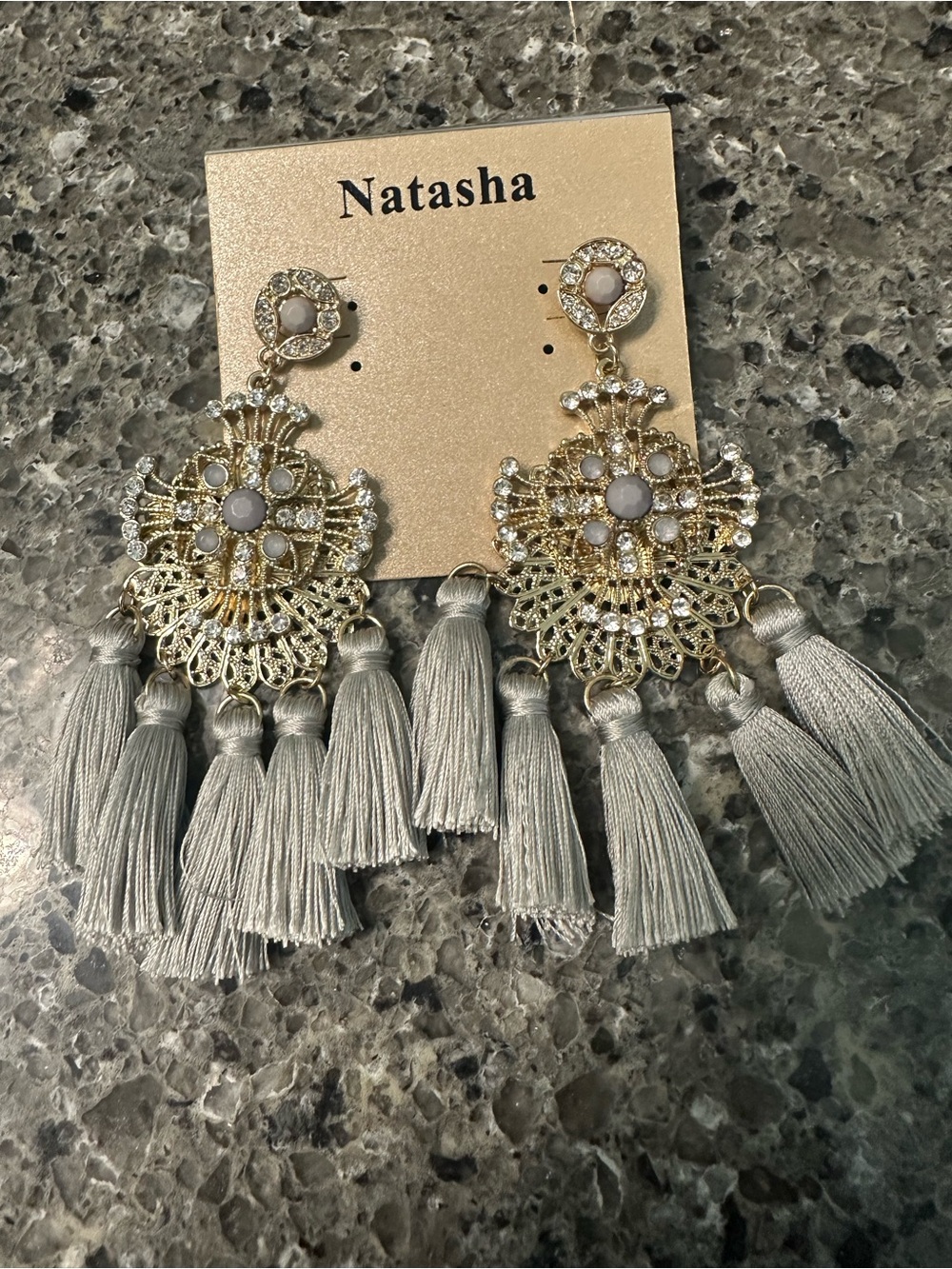 Natasha Couture Gold Filigree with Light Gray Tassel Earrings